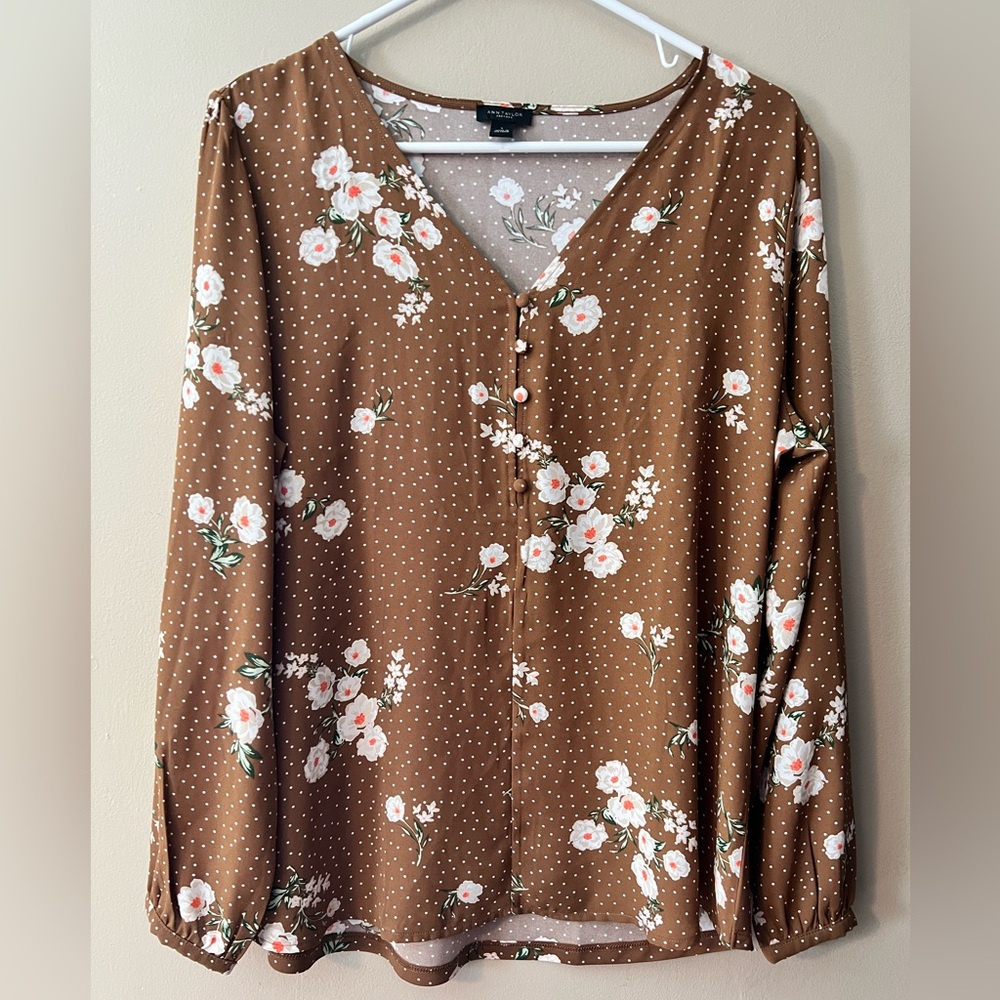 Ann Taylor size L floral polka dot light brown v neck blouse button front detail